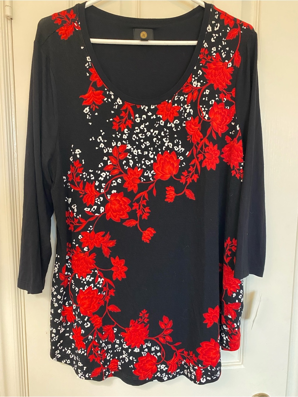 Black Floral Scoop Neck Women's Top with Red Blooms